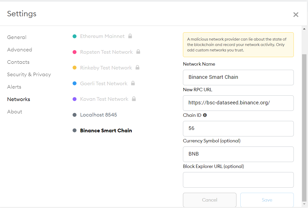 add bsc network metamask